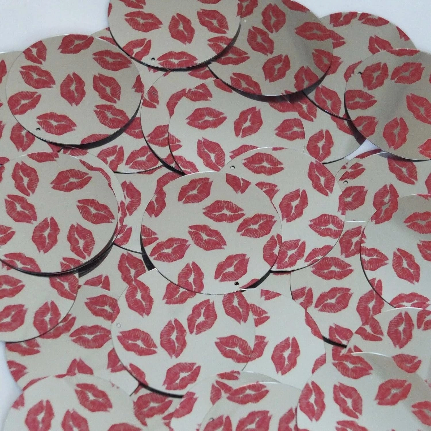 Round Sequin 1.5" Red Lips Kiss Lipstick Print Silver Metallic Paillettes