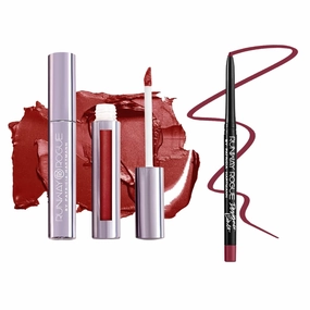 Runway Rogue ‘Showtime’ Brick-Red Pearl Glam Shimmer Long Wear Liquid Lipstick Bundle with ‘Get the Look’ Matte Garnet-Maroon Designer Liner Lip Liner