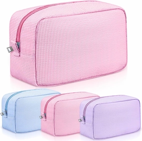 Sanwuta 3 Pcs Seersucker Cosmetic Bag Pinstripe Seersucker Makeup Bag Women Large Travel Toiletry Organizer Stripe Preppy Storage Pouch for Wedding Bridesmaid Graduation Gift(Pink, Light Blue, Purple)