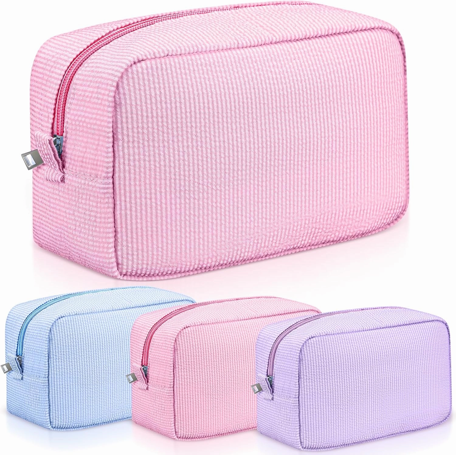 Sanwuta 3 Pcs Seersucker Cosmetic Bag Pinstripe Seersucker Makeup Bag Women Large Travel Toiletry Organizer Stripe Preppy Storage Pouch for Wedding Bridesmaid Graduation Gift(Pink, Light Blue, Purple)