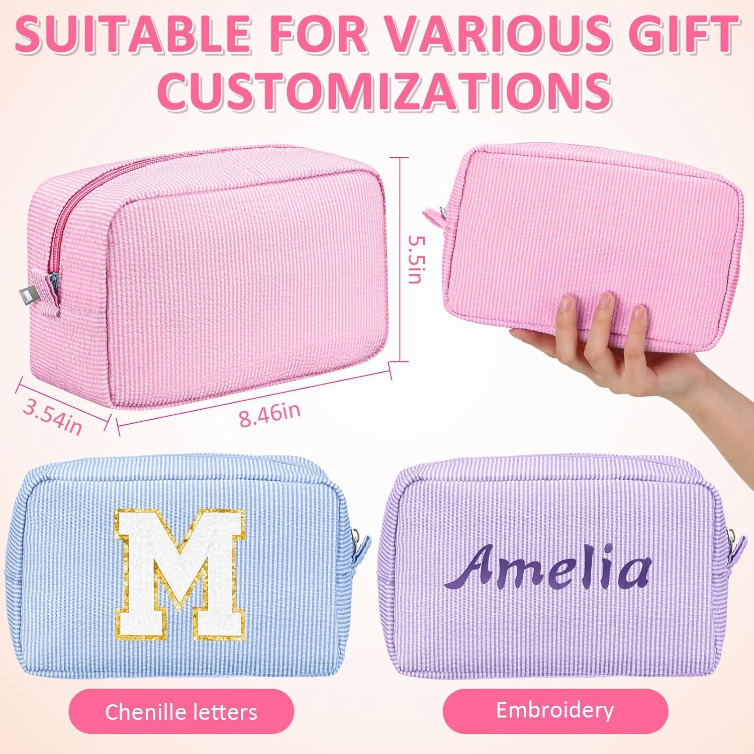 Sanwuta 3 Pcs Seersucker Cosmetic Bag Pinstripe Seersucker Makeup Bag Women Large Travel Toiletry Organizer Stripe Preppy Storage Pouch for Wedding Bridesmaid Graduation Gift(Pink, Light Blue, Purple)