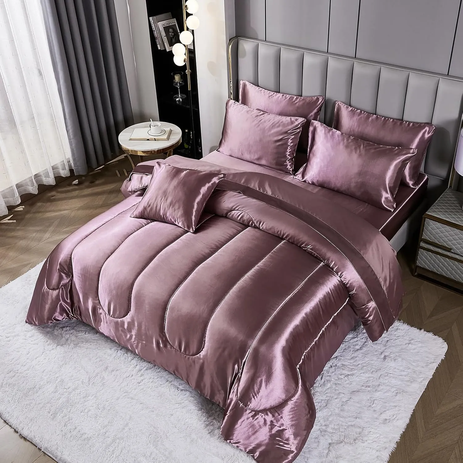 Satin Comforter Set with Sheet Set King Silk Like Satin Bed in a Bag 8 Pieces Luxury Silky Bedding with 1 Comforter, 1 Flat Sheet, 1 Fitted Sheet, 4 Pillowcases, 1 Cushion Cover (King, Blush Pink)