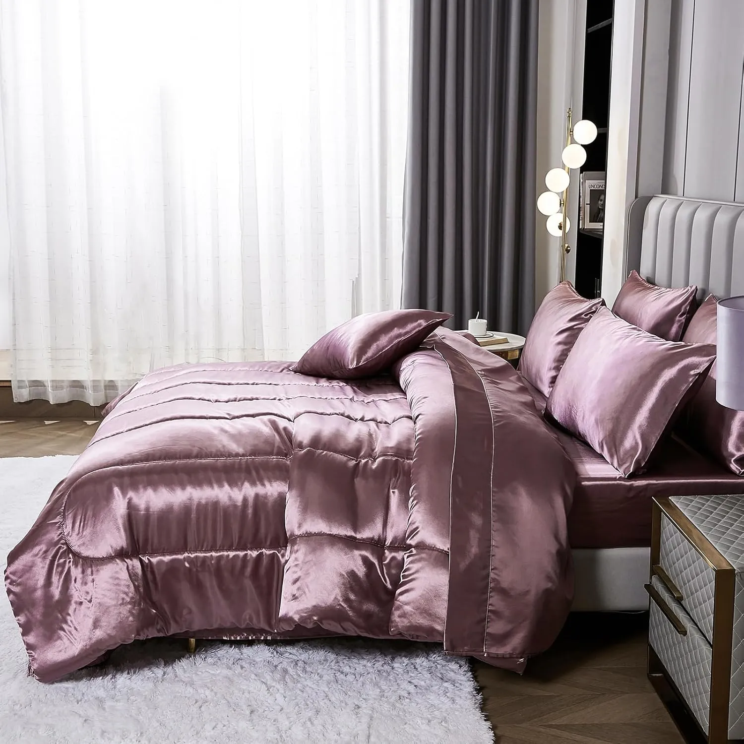 Satin Comforter Set with Sheet Set King Silk Like Satin Bed in a Bag 8 Pieces Luxury Silky Bedding with 1 Comforter, 1 Flat Sheet, 1 Fitted Sheet, 4 Pillowcases, 1 Cushion Cover (King, Blush Pink)