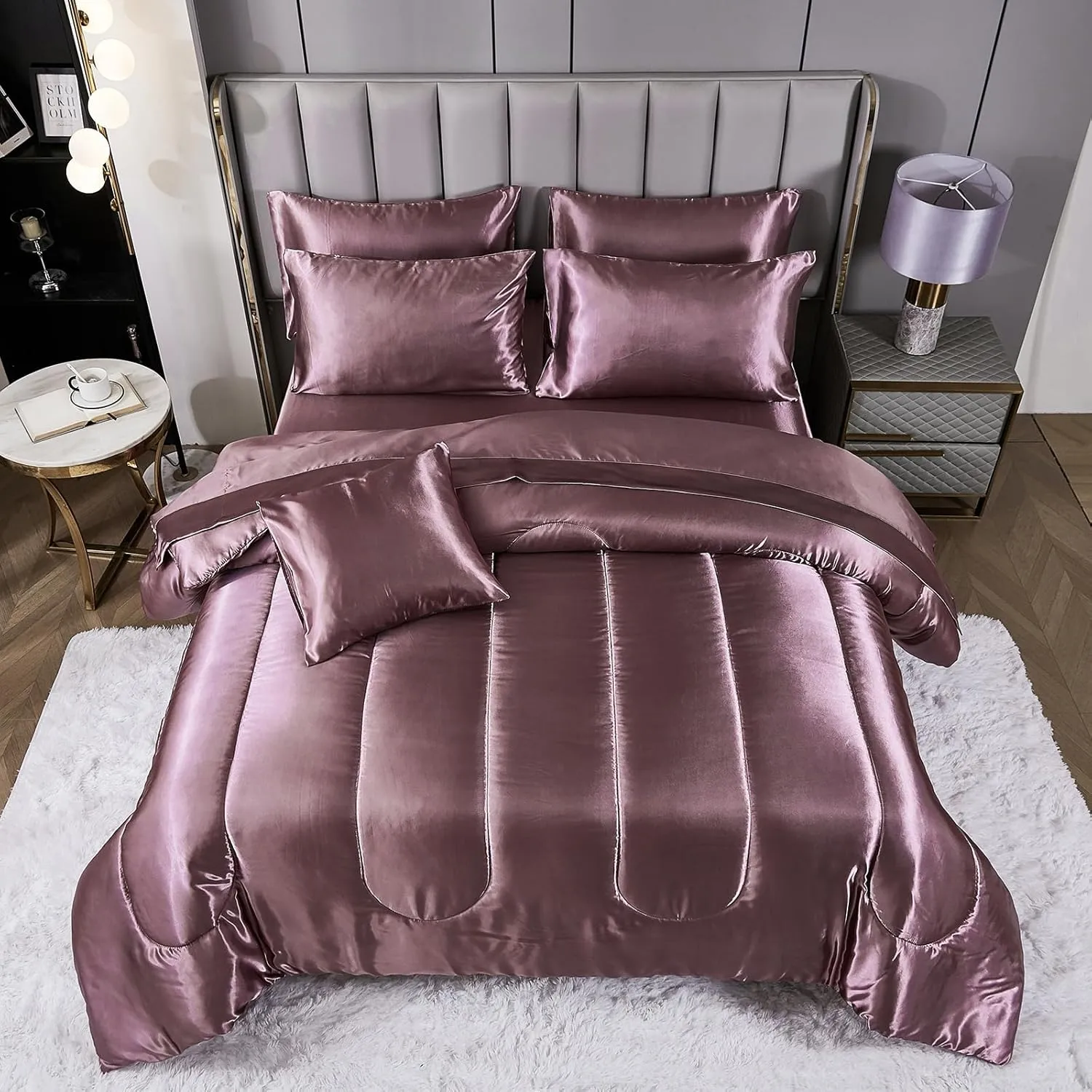 Satin Comforter Set with Sheet Set King Silk Like Satin Bed in a Bag 8 Pieces Luxury Silky Bedding with 1 Comforter, 1 Flat Sheet, 1 Fitted Sheet, 4 Pillowcases, 1 Cushion Cover (King, Blush Pink)