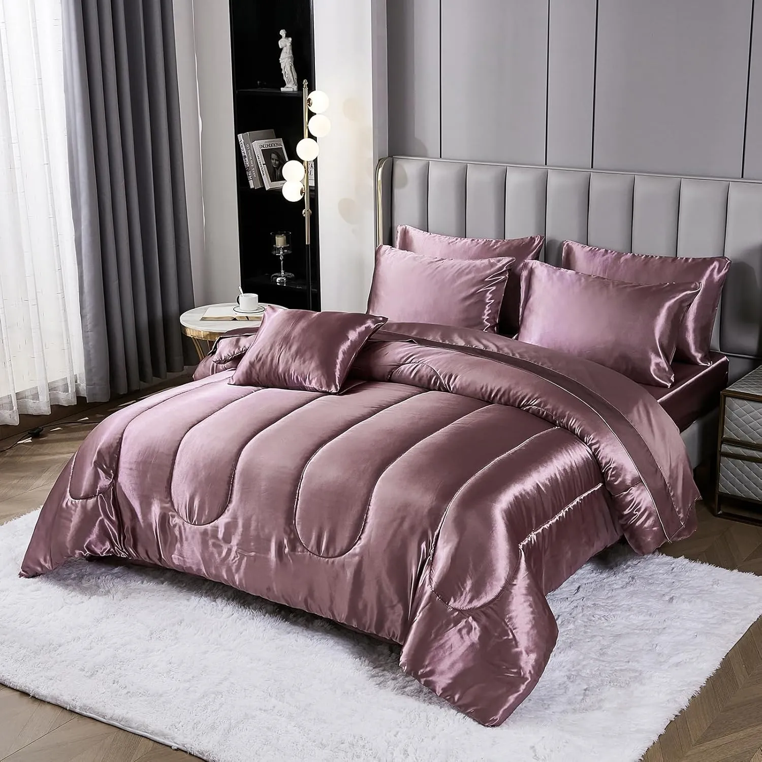 Satin Comforter Set with Sheet Set King Silk Like Satin Bed in a Bag 8 Pieces Luxury Silky Bedding with 1 Comforter, 1 Flat Sheet, 1 Fitted Sheet, 4 Pillowcases, 1 Cushion Cover (King, Blush Pink)