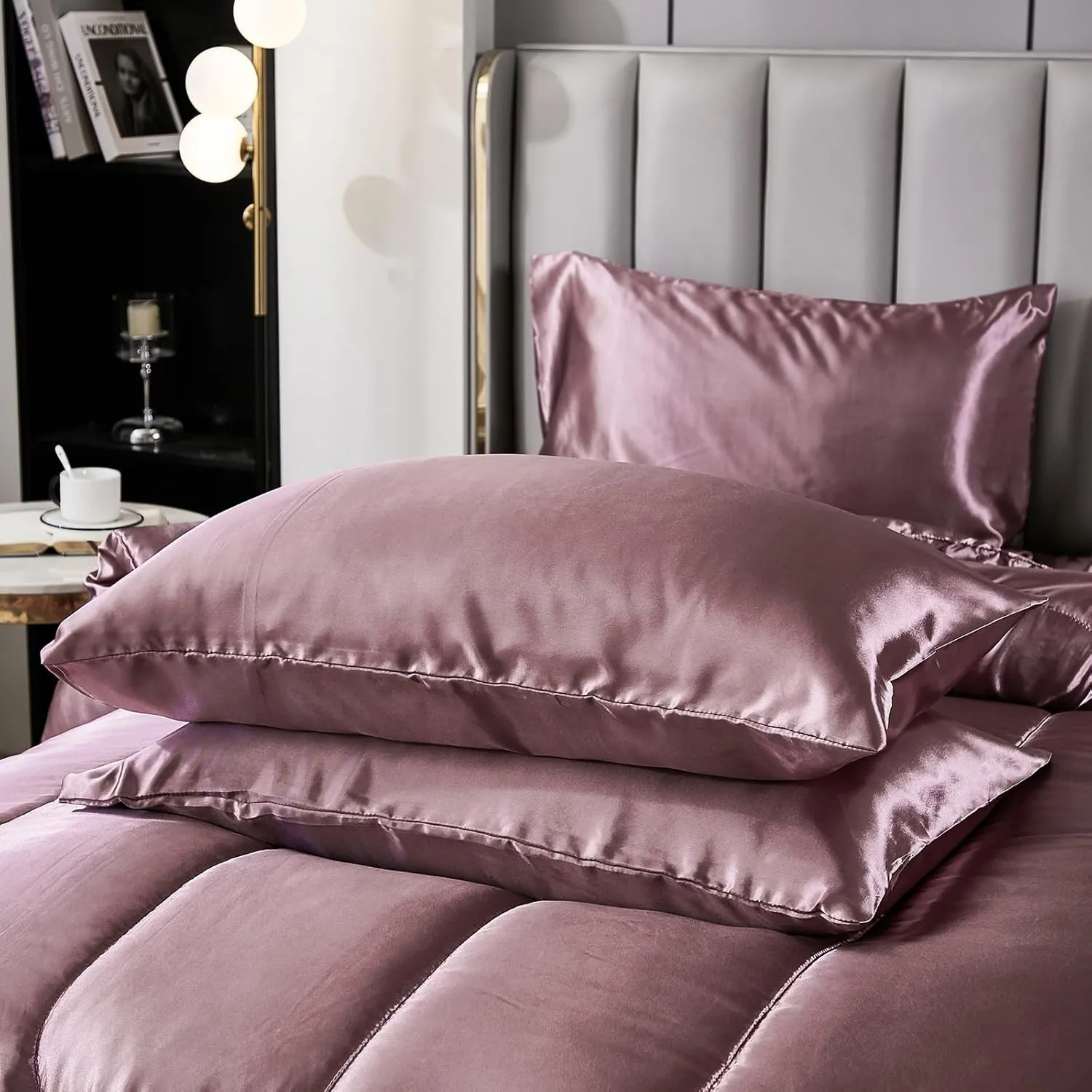 Satin Comforter Set with Sheet Set King Silk Like Satin Bed in a Bag 8 Pieces Luxury Silky Bedding with 1 Comforter, 1 Flat Sheet, 1 Fitted Sheet, 4 Pillowcases, 1 Cushion Cover (King, Blush Pink)