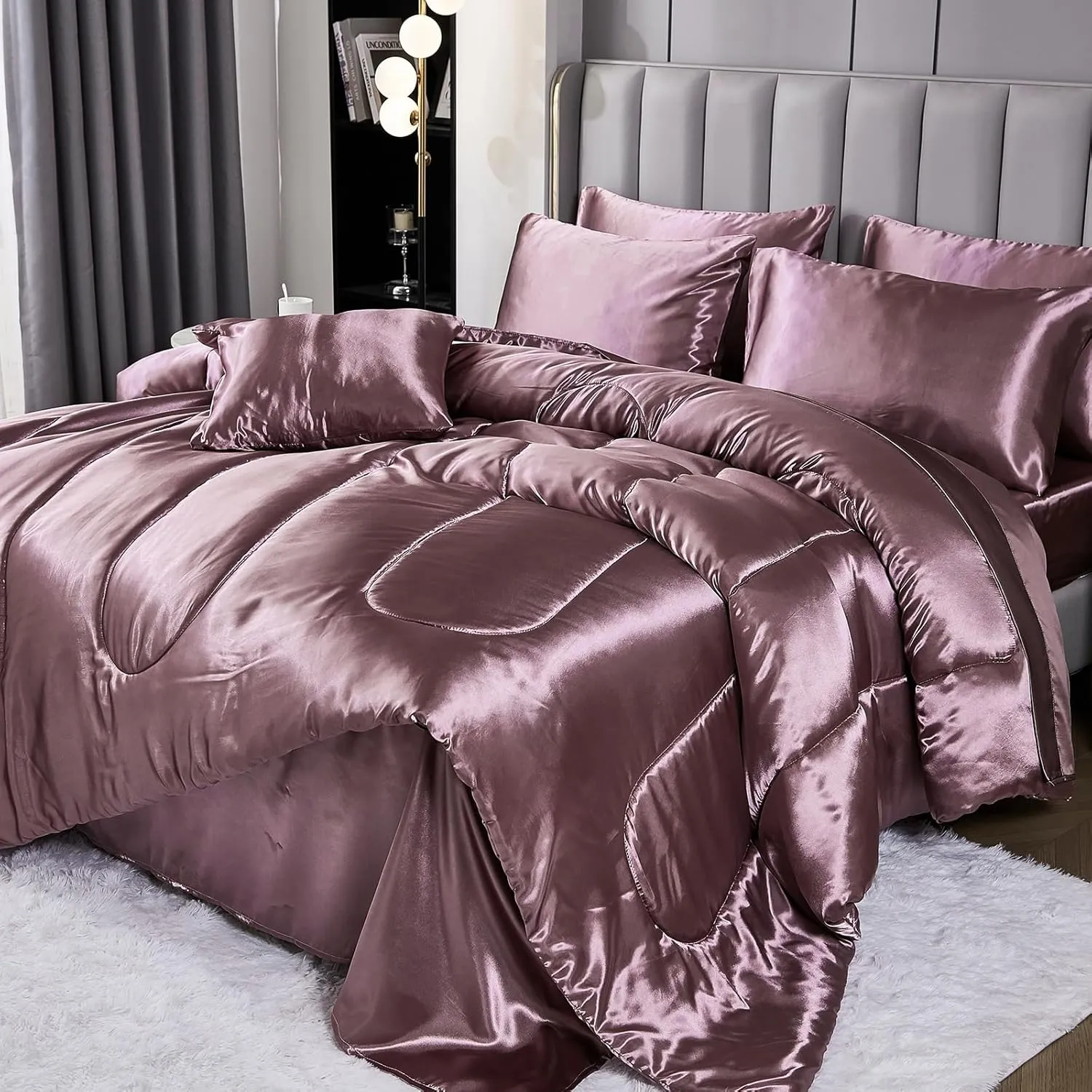 Satin Comforter Set with Sheet Set King Silk Like Satin Bed in a Bag 8 Pieces Luxury Silky Bedding with 1 Comforter, 1 Flat Sheet, 1 Fitted Sheet, 4 Pillowcases, 1 Cushion Cover (King, Blush Pink)