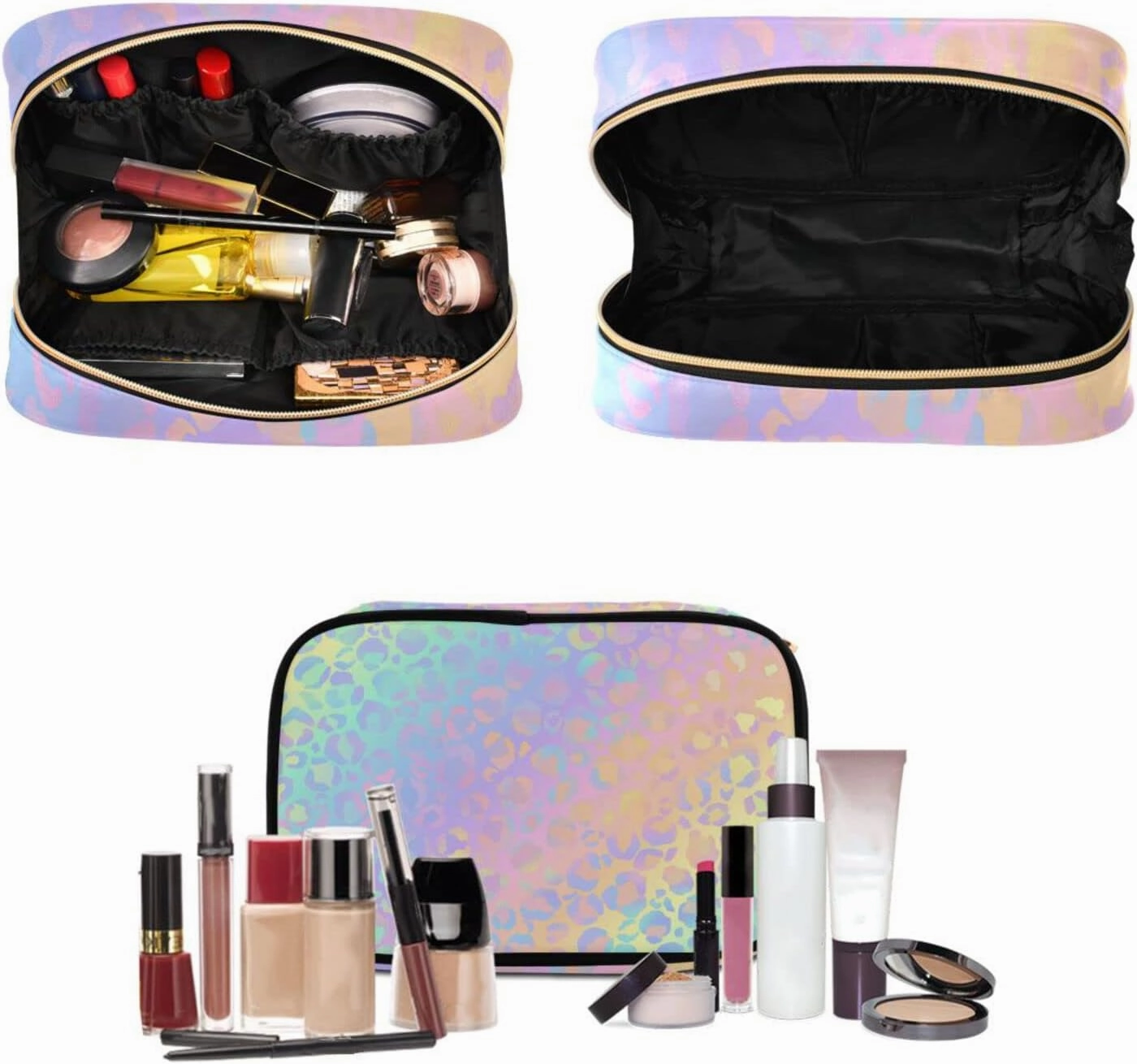 senya Rainbow Leopard Print Neon Toiletry Bag Hanging Travel Makeup Bag 3 PCS, Portable Makeup Organizer Cosmetic Bag Clear