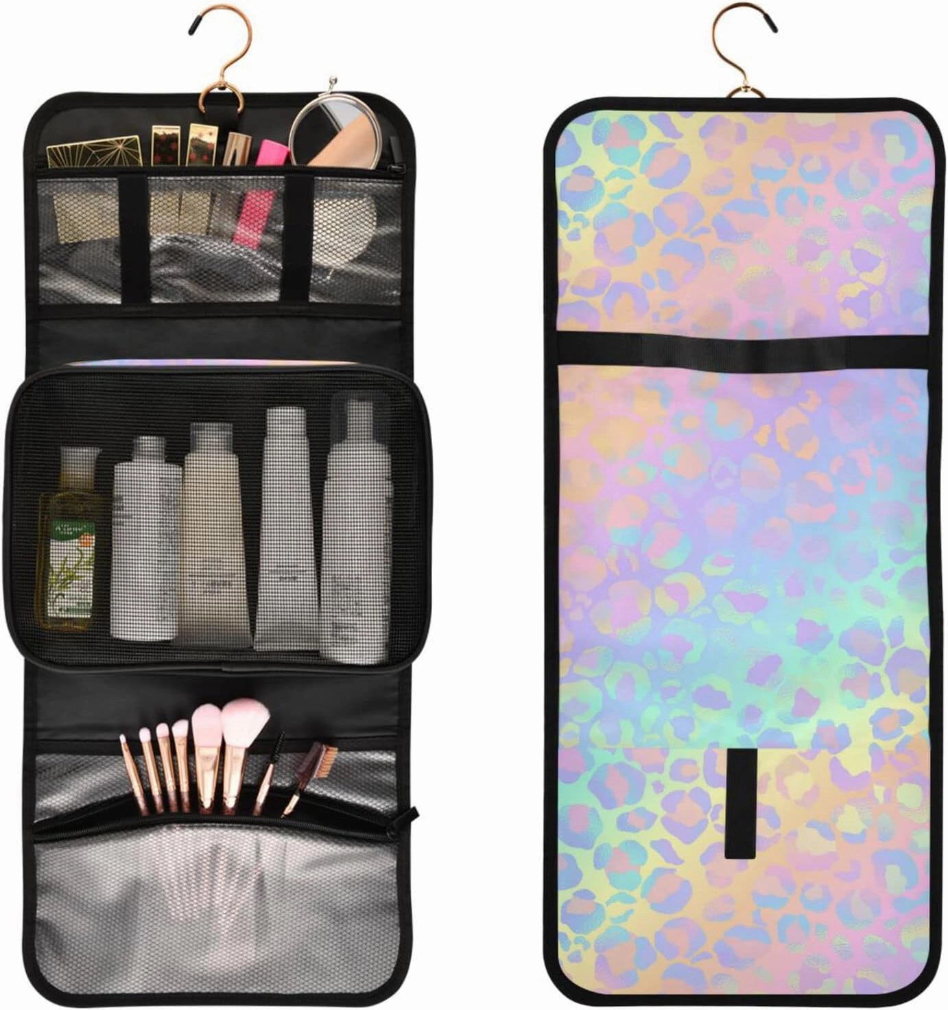 senya Rainbow Leopard Print Neon Toiletry Bag Hanging Travel Makeup Bag 3 PCS, Portable Makeup Organizer Cosmetic Bag Clear