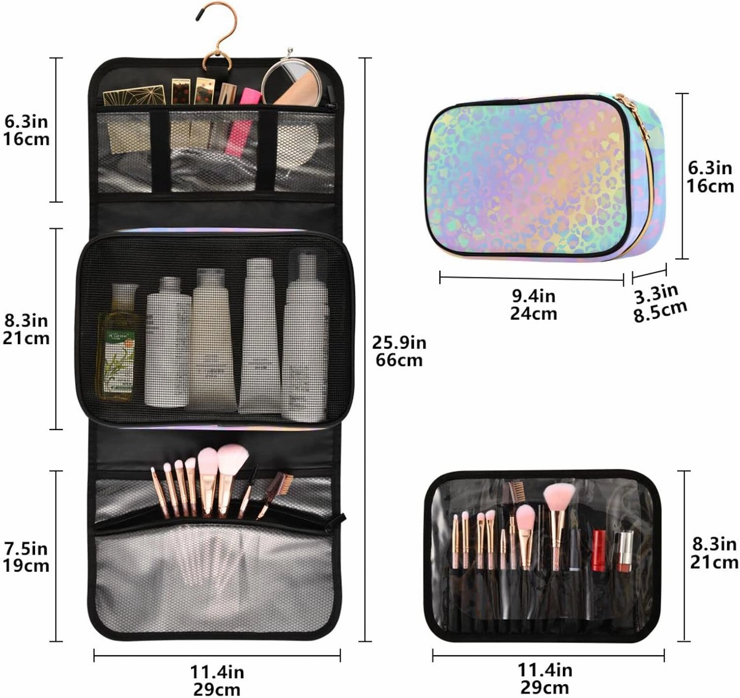 senya Rainbow Leopard Print Neon Toiletry Bag Hanging Travel Makeup Bag 3 PCS, Portable Makeup Organizer Cosmetic Bag Clear
