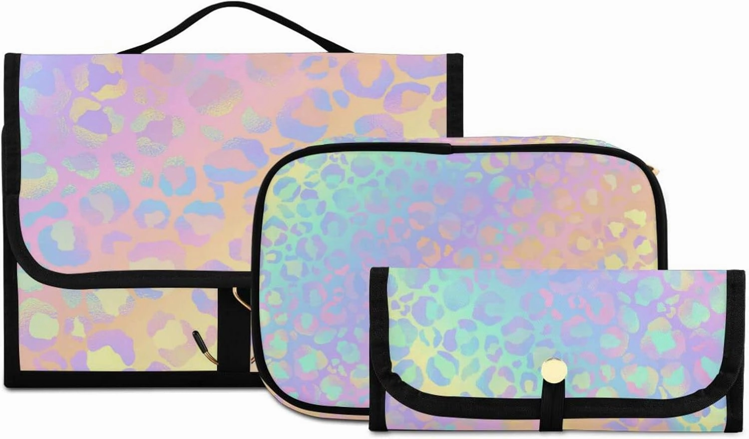 senya Rainbow Leopard Print Neon Toiletry Bag Hanging Travel Makeup Bag 3 PCS, Portable Makeup Organizer Cosmetic Bag Clear