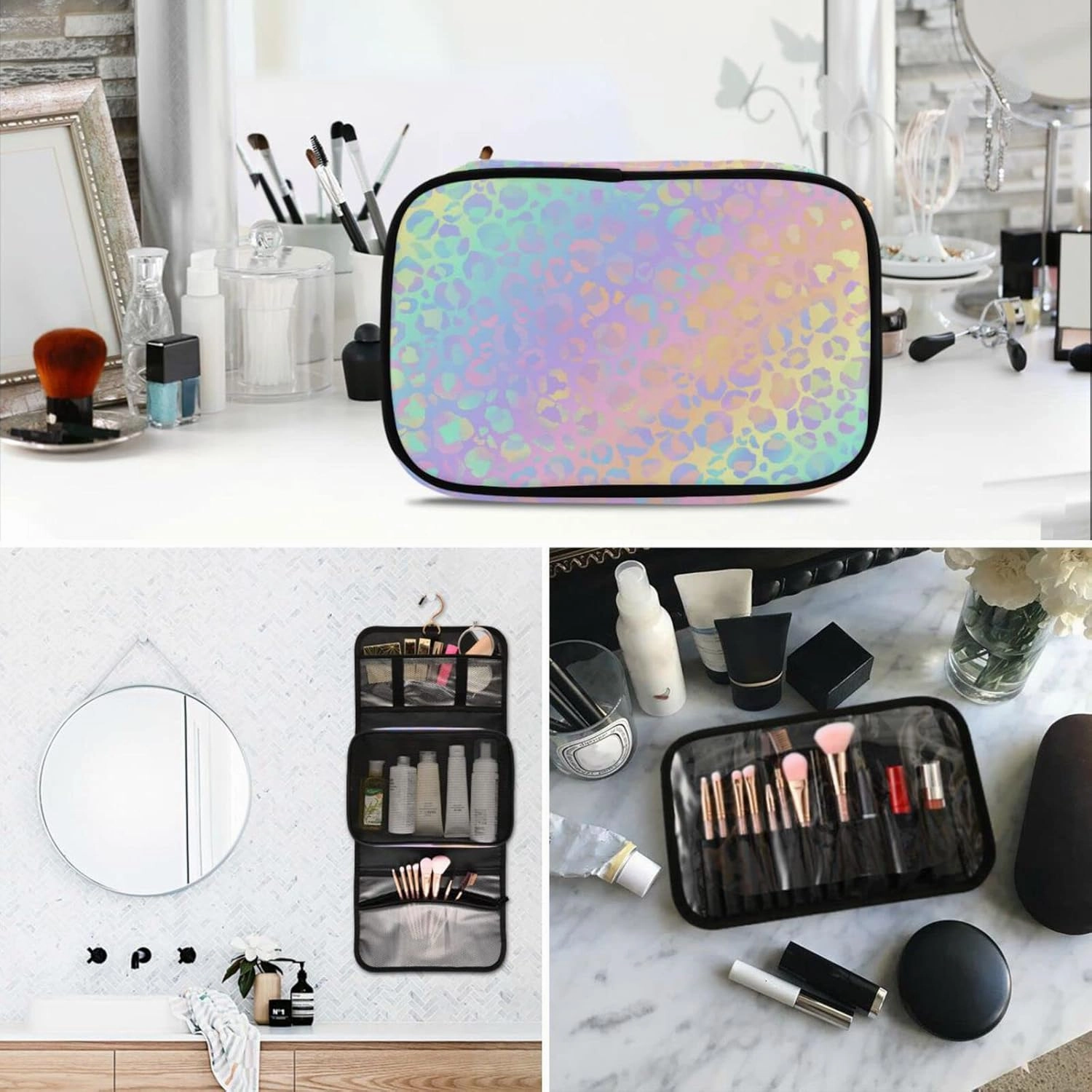 senya Rainbow Leopard Print Neon Toiletry Bag Hanging Travel Makeup Bag 3 PCS, Portable Makeup Organizer Cosmetic Bag Clear