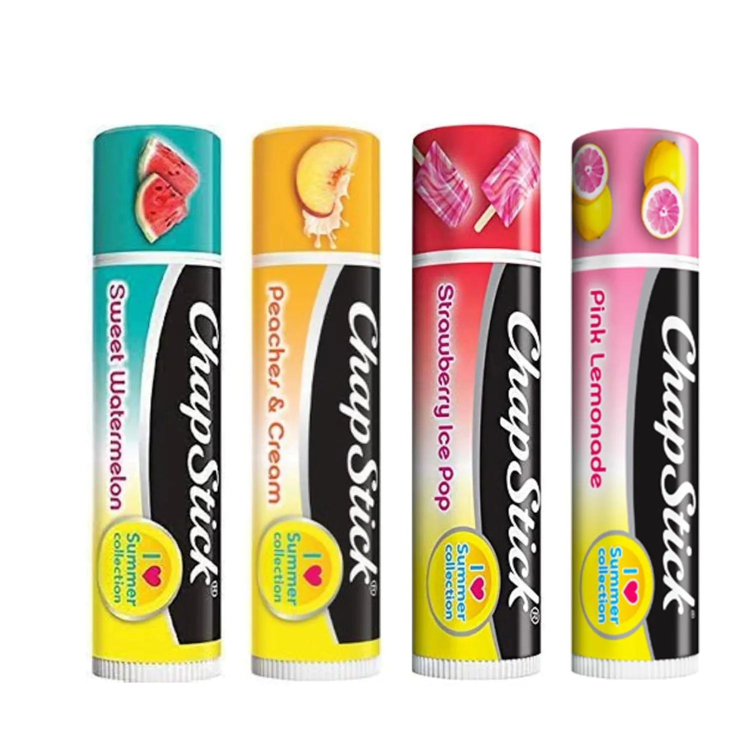 Set of 4 Chapsticks: Strawberry Ice Pop, Pink Lemonade, Peaches & Cream, Sweet Watermelon. Limited Edition by Chapstick I Love Summer Collection. Includes Lip Balm Holder Keychain (Pink)