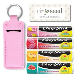 Set of 4 Chapsticks: Strawberry Ice Pop, Pink Lemonade, Peaches & Cream, Sweet Watermelon. Limited Edition by Chapstick I Love Summer Collection. Includes Lip Balm Holder Keychain (Pink)