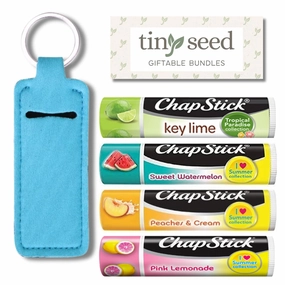 Set of 4 Chapsticks: Key Lime, Pink Lemonade, Peaches & Cream, Sweet Watermelon. Limited Edition by Chapstick I Love Summer & Tropical Paradise Collection. Includes Lip Balm Holder Keychain (Blue)