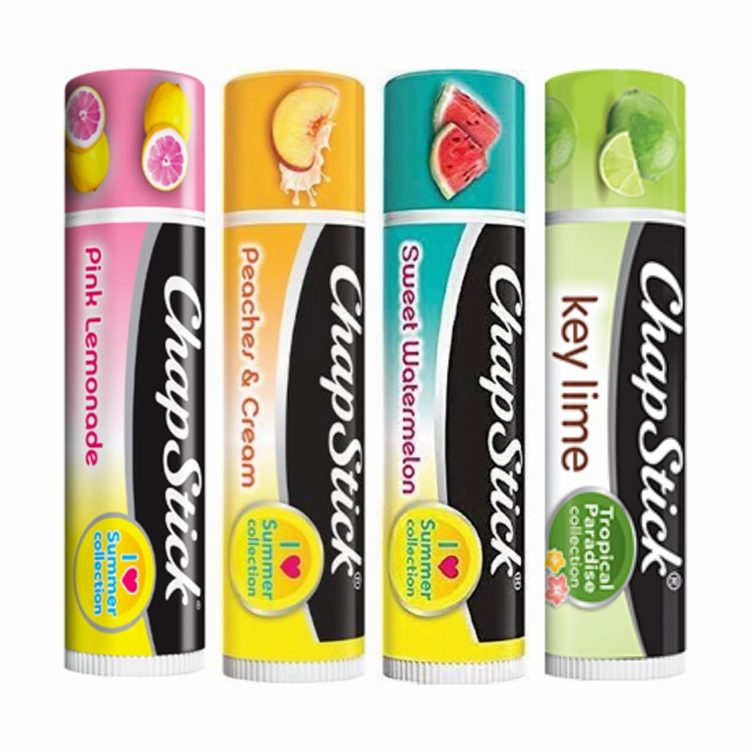 Set of 4 Chapsticks: Key Lime, Pink Lemonade, Peaches & Cream, Sweet Watermelon. Limited Edition by Chapstick I Love Summer & Tropical Paradise Collection. Includes Lip Balm Holder Keychain (Blue)