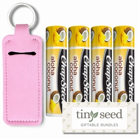 Set of 4 Lip Balms in Aloha Coconut Flavor from Chapstick, Plus Lip Balm Holder Keychain (Pink). Limited Edition Flavor from the Tropical Paradise Collection, Unique Gift Bundle from Tiny Seed