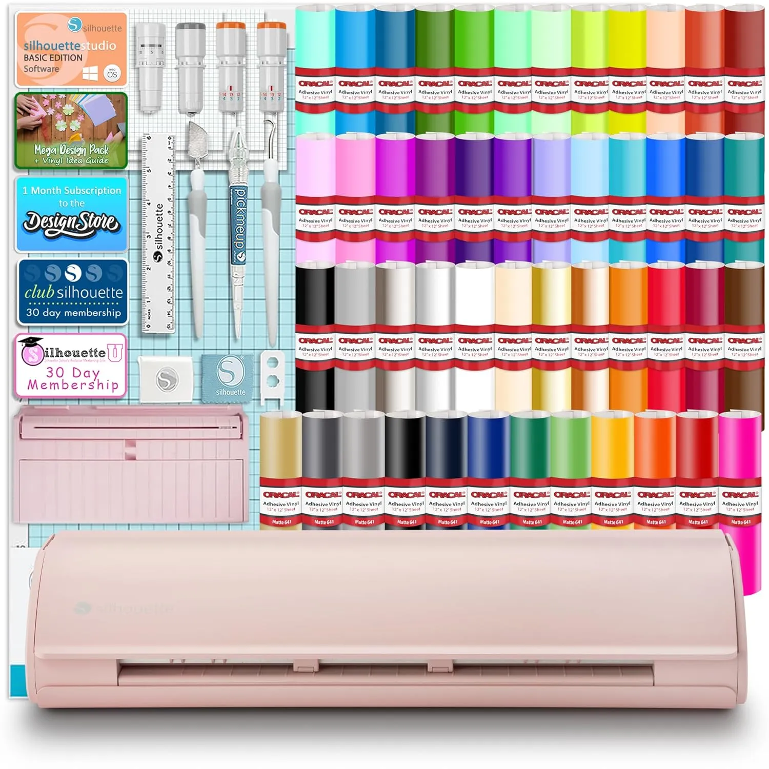 Silhouette Cameo 5 Pink 12in Vinyl Cutter Bundle with Advanced Blade Pack, Roll Feeder, 64 Premium 651 Vinyl Sheets, Silhouette Software, Tools, Guides, Classes, Deisgns, and More