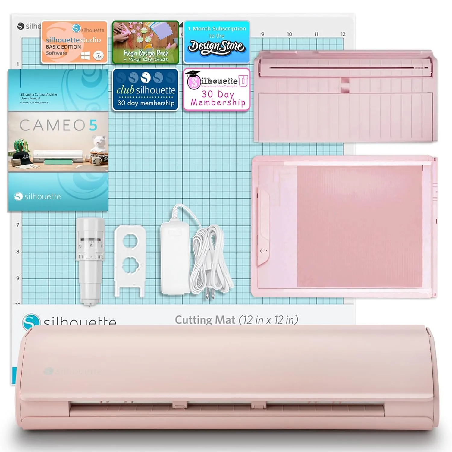 Silhouette Cameo 5 Pink 12in Vinyl Cutter Bundle with Electrostatic Grip Mat Atachment, Roll Feeder, Silhouette Software, Tools, Guides, Classes, Deisgns, and More