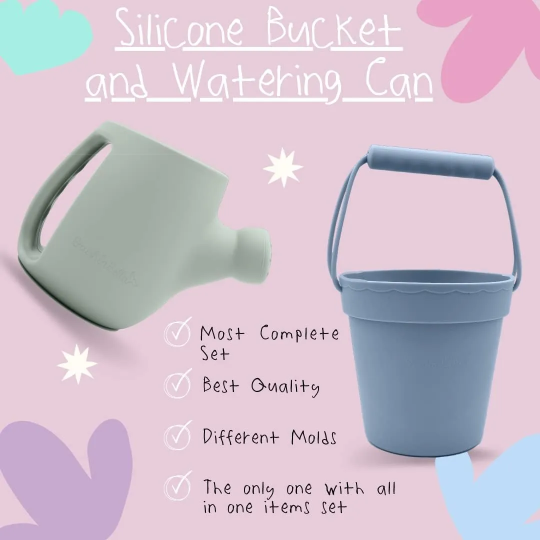 Silicone Beach Toys - Beach Bucket Set with Shovel, 4 Sand Molds - Travel-Friendly Kids Sand Toys in Net Carrying Bag - Safe Baby Sand Toys - Dishwasher-Safe (Blush Pink)