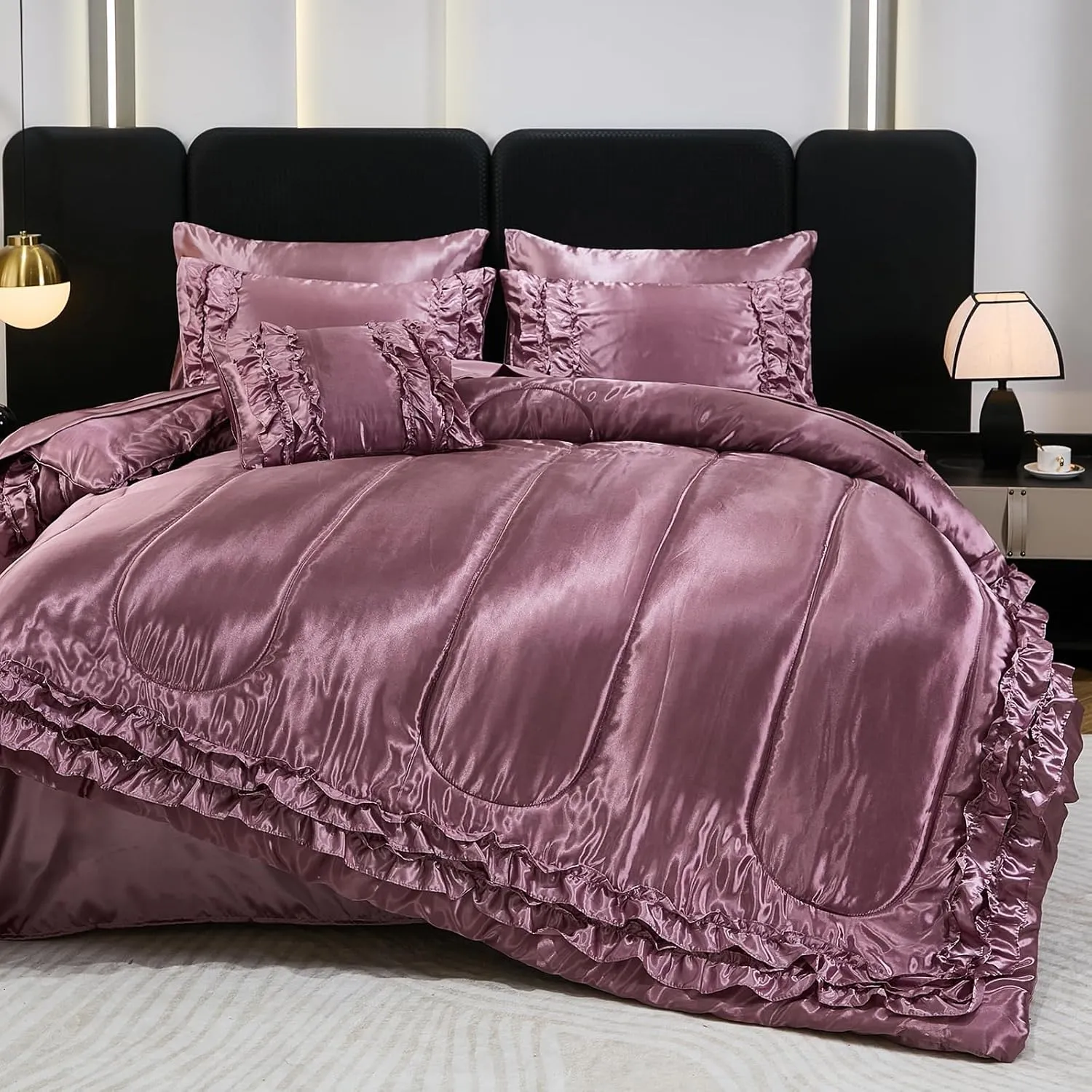 Silk Like Satin Comforter Set with Satin Sheet Set King 8 Pieces Blush Pink Bedding Set Luxury Silky Ruffle Pattern Home Deocr Sexy Hotel Silky Bed Set with 1 Cushion Cover