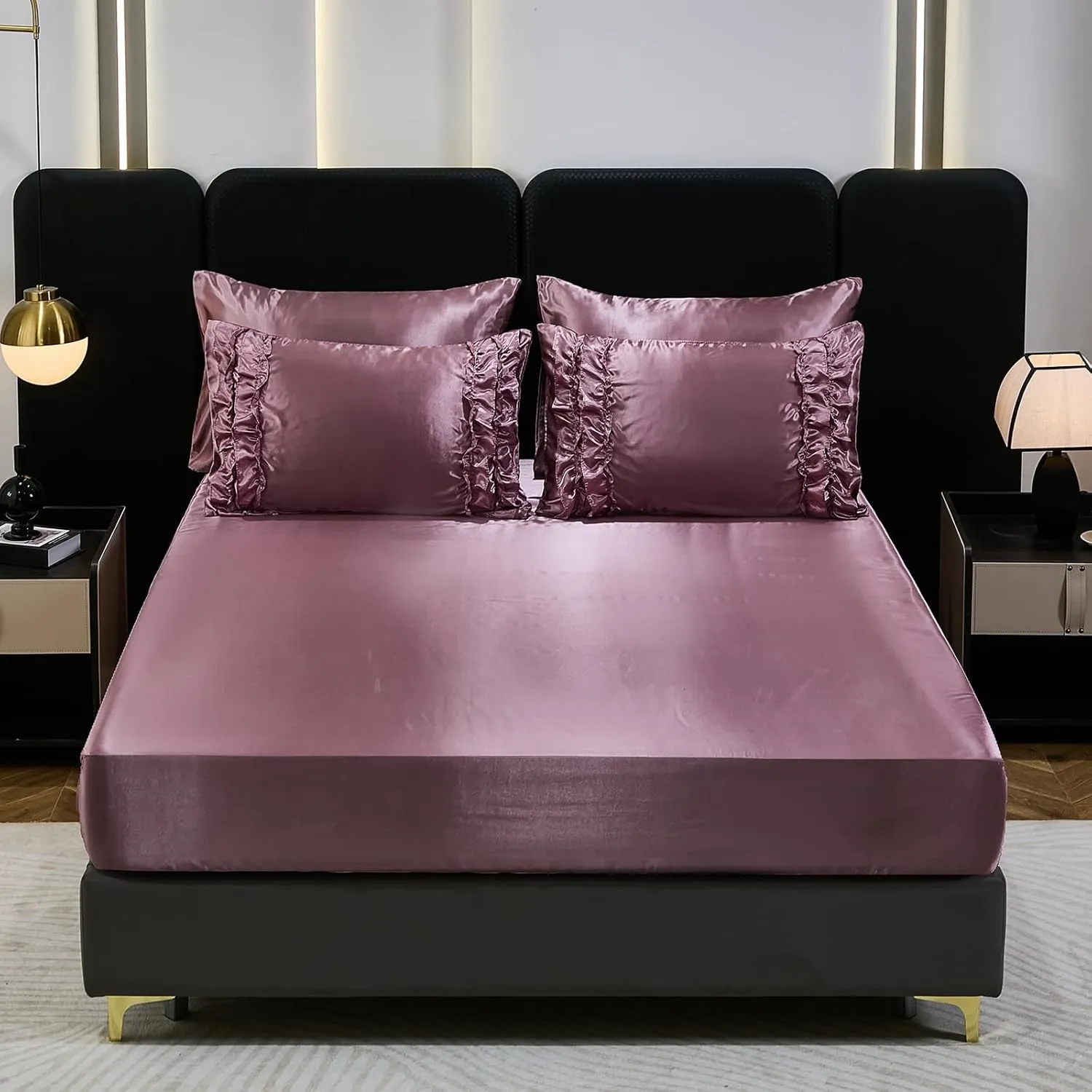 Silk Like Satin Comforter Set with Satin Sheet Set King 8 Pieces Blush Pink Bedding Set Luxury Silky Ruffle Pattern Home Deocr Sexy Hotel Silky Bed Set with 1 Cushion Cover