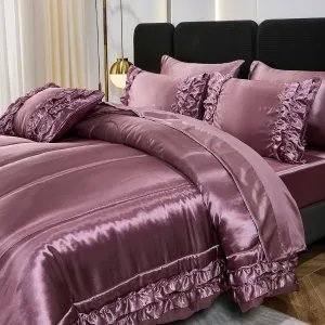 Silk Like Satin Comforter Set with Satin Sheet Set King 8 Pieces Blush Pink Bedding Set Luxury Silky Ruffle Pattern Home Deocr Sexy Hotel Silky Bed Set with 1 Cushion Cover
