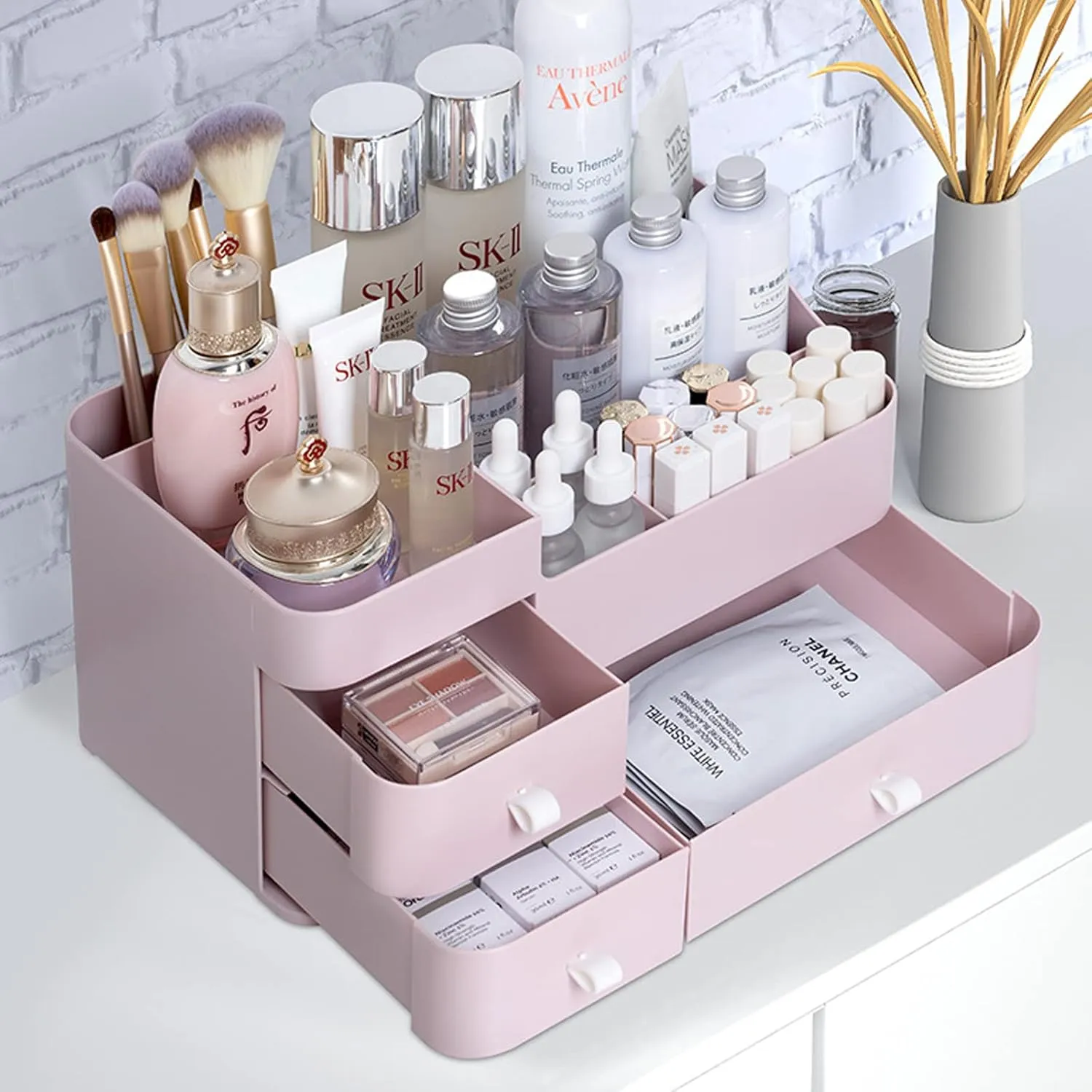 skin care organizer,Makeup Desk Organizer With Drawers,Countertop Organizer for Cosmetics,Vanity brush with Holder for Lipstick, Brushes, Eyeshadow, and Desktop Finishing Dresser (A-Large-pink)