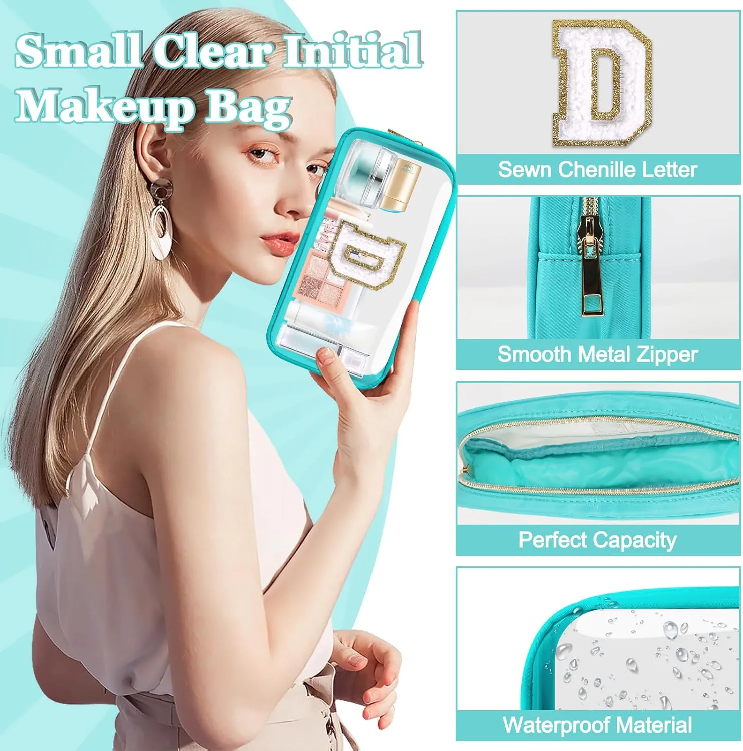 Small Clear Personalized Initial Makeup Bag,Nylon Preppy A-Z Chenille Letter Patch Cosmetic Pouch Beach Toiletry Bag,Waterproof Zipper Travel Purse Storage Bag Organizer for Women Girls(Cyan-White D)