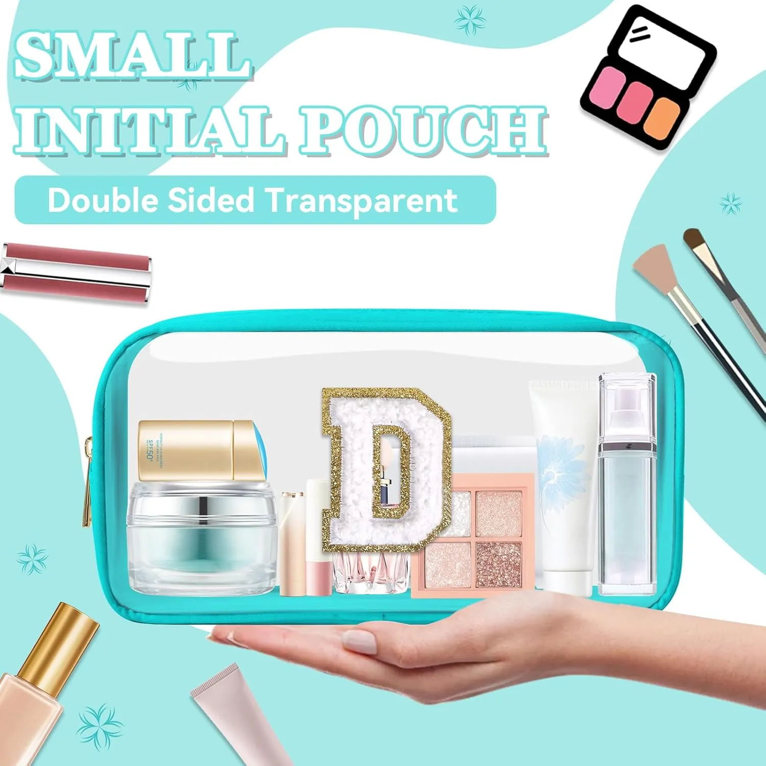 Small Clear Personalized Initial Makeup Bag,Nylon Preppy A-Z Chenille Letter Patch Cosmetic Pouch Beach Toiletry Bag,Waterproof Zipper Travel Purse Storage Bag Organizer for Women Girls(Cyan-White D)