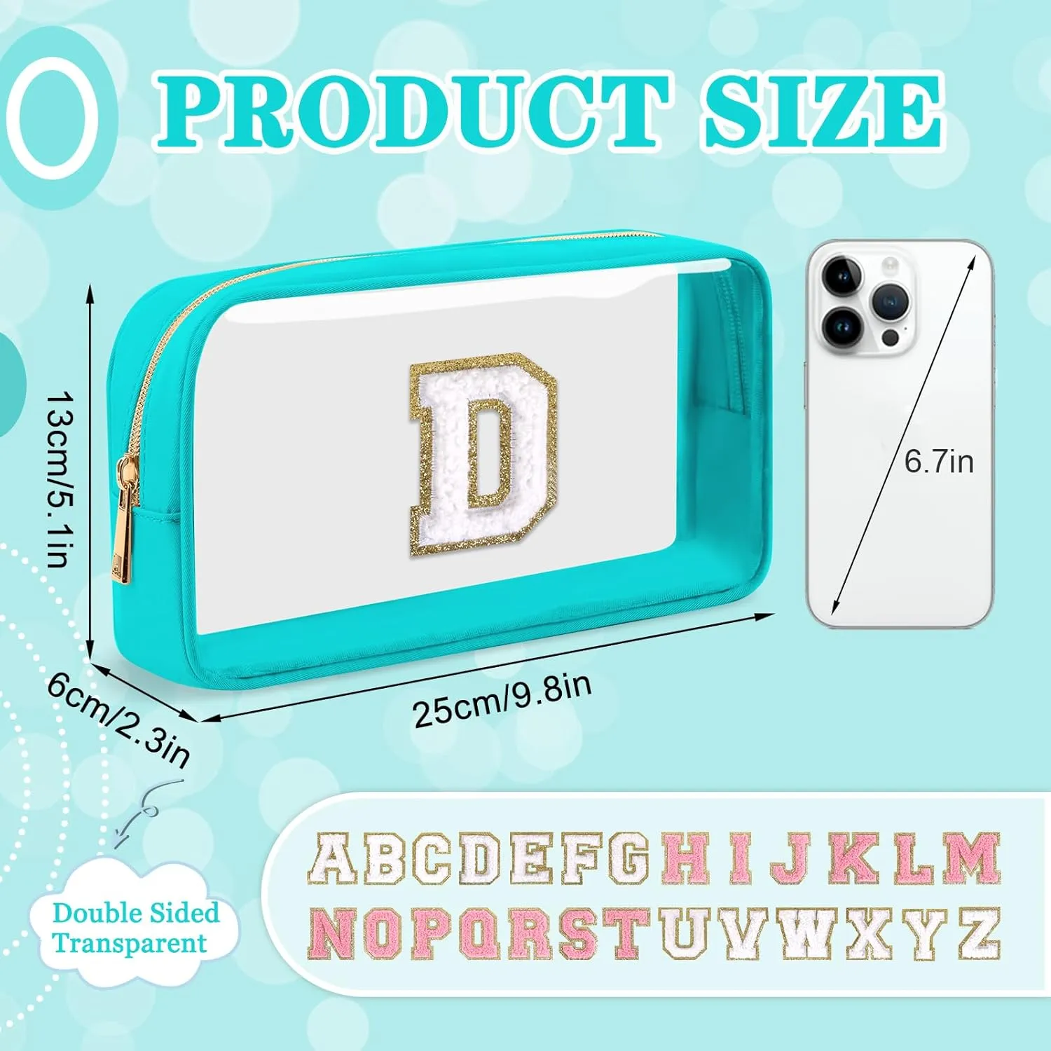 Small Clear Personalized Initial Makeup Bag,Nylon Preppy A-Z Chenille Letter Patch Cosmetic Pouch Beach Toiletry Bag,Waterproof Zipper Travel Purse Storage Bag Organizer for Women Girls(Cyan-White D)