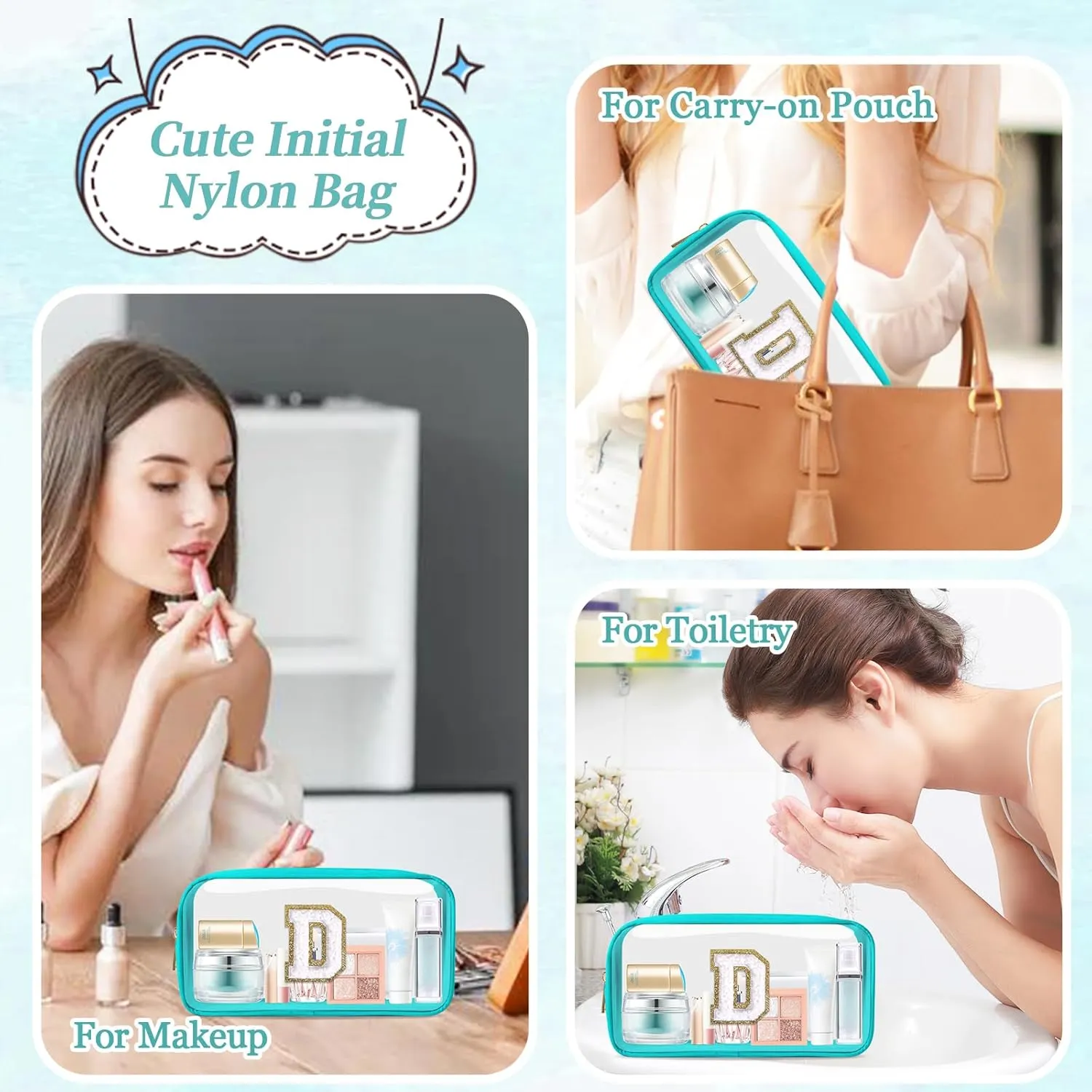 Small Clear Personalized Initial Makeup Bag,Nylon Preppy A-Z Chenille Letter Patch Cosmetic Pouch Beach Toiletry Bag,Waterproof Zipper Travel Purse Storage Bag Organizer for Women Girls(Cyan-White D)