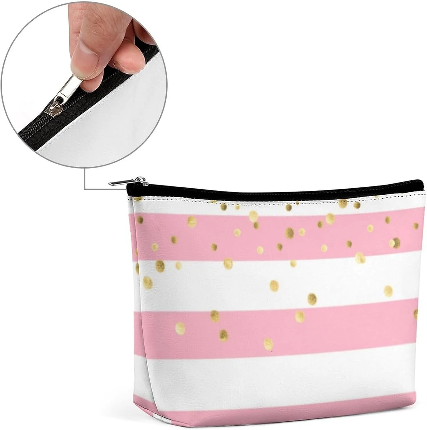 Small Cosmetic Bag, Stripes Blush Pink Rose Gold Makeup Bags Elegant Roomy Pouch for Women,Travel Toiletry Accessories Organizer