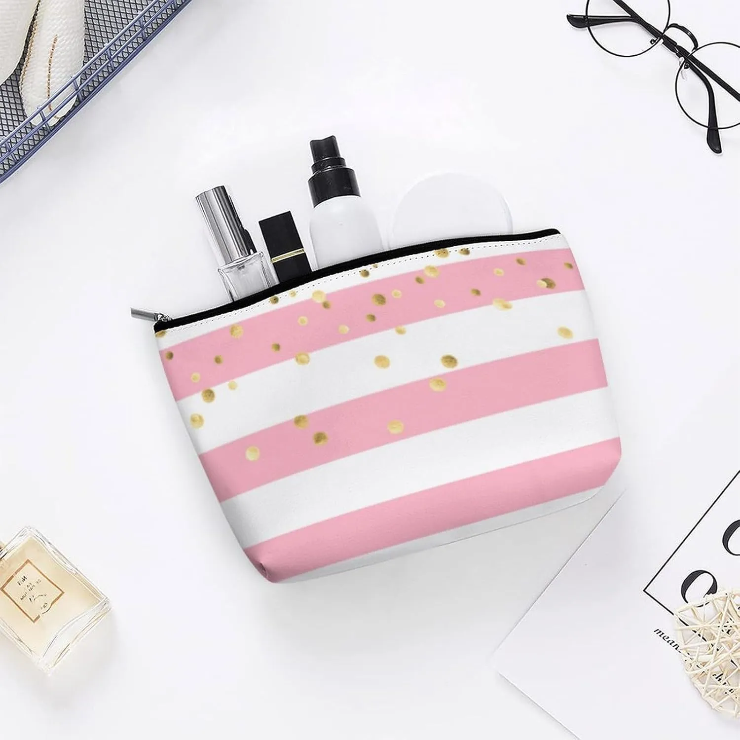 Small Cosmetic Bag, Stripes Blush Pink Rose Gold Makeup Bags Elegant Roomy Pouch for Women,Travel Toiletry Accessories Organizer