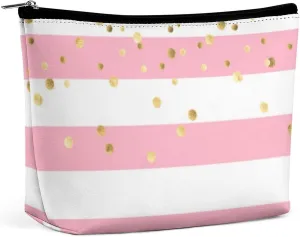Small Cosmetic Bag, Stripes Blush Pink Rose Gold Makeup Bags Elegant Roomy Pouch for Women,Travel Toiletry Accessories Organizer