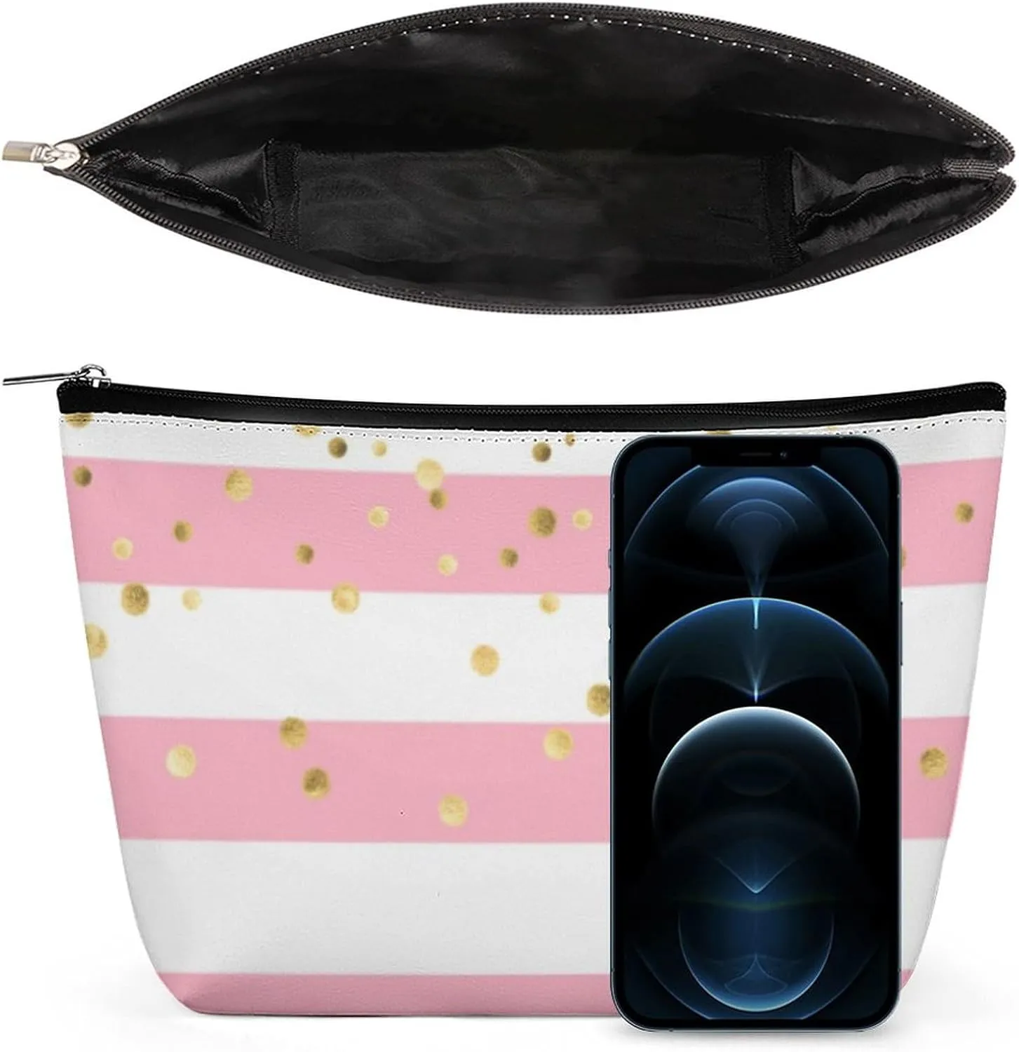 Small Cosmetic Bag, Stripes Blush Pink Rose Gold Makeup Bags Elegant Roomy Pouch for Women,Travel Toiletry Accessories Organizer