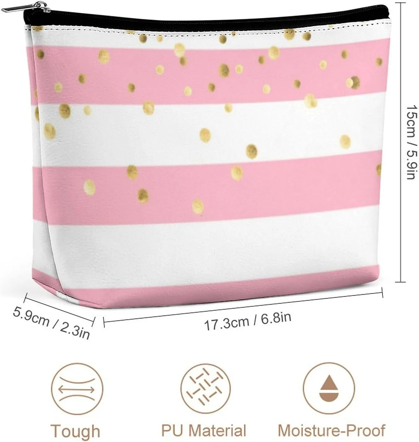 Small Cosmetic Bag, Stripes Blush Pink Rose Gold Makeup Bags Elegant Roomy Pouch for Women,Travel Toiletry Accessories Organizer