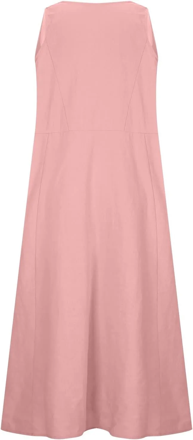 SMIDOW Cotton Dresses for Women Casual Summer 2024 Solid Beach Flowy Tshirt Sundress Sleeveless Tank Long Dress with Pockets