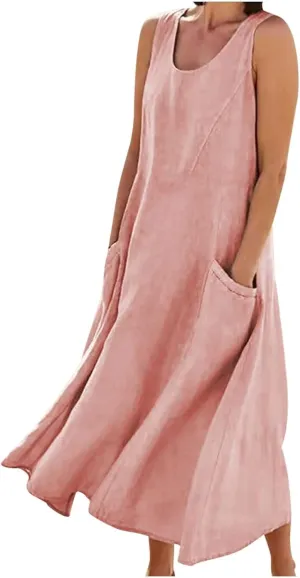SMIDOW Cotton Dresses for Women Casual Summer 2024 Solid Beach Flowy Tshirt Sundress Sleeveless Tank Long Dress with Pockets