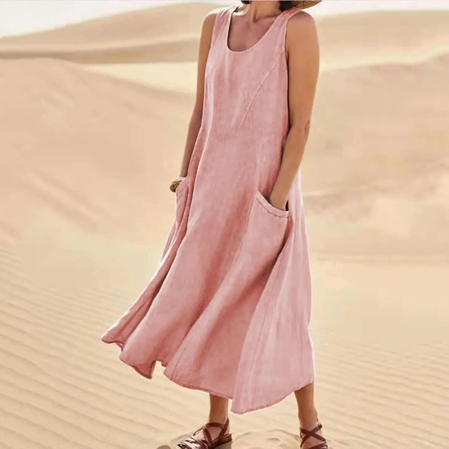SMIDOW Cotton Dresses for Women Casual Summer 2024 Solid Beach Flowy Tshirt Sundress Sleeveless Tank Long Dress with Pockets