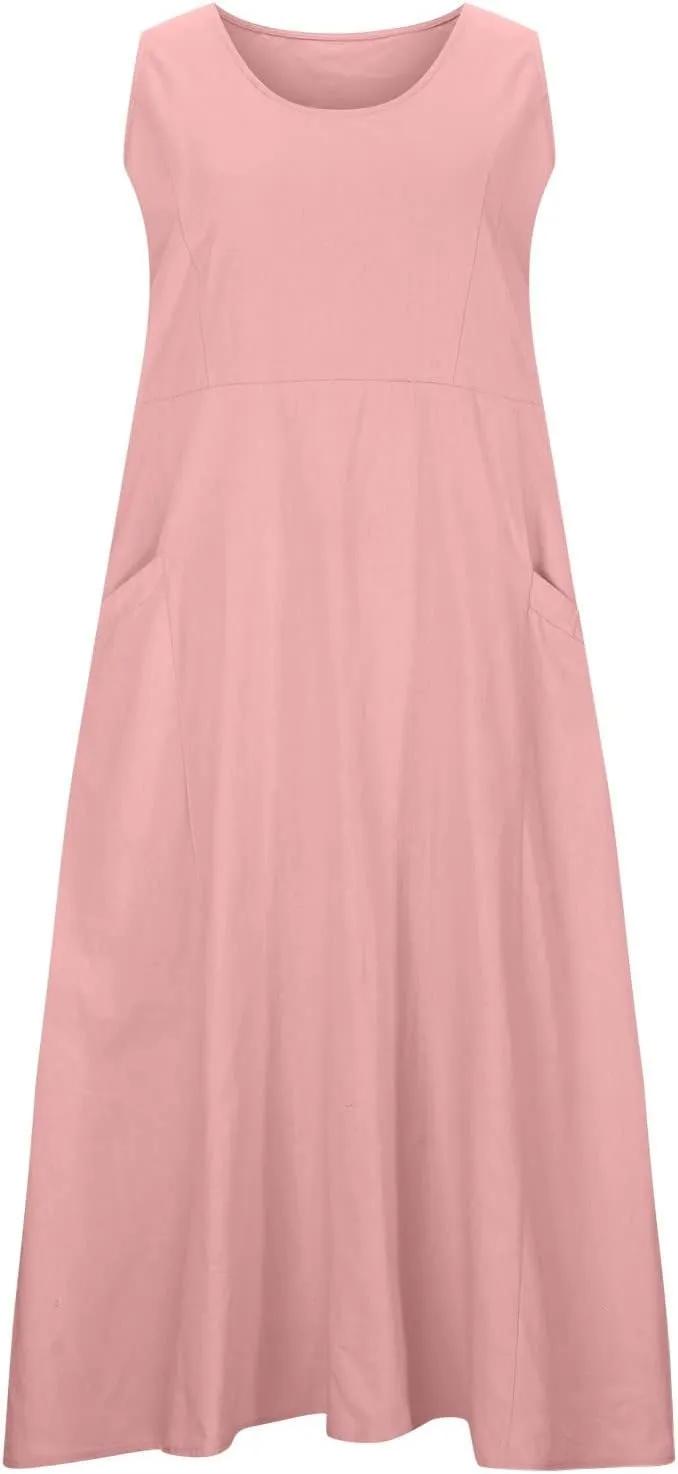 SMIDOW Cotton Dresses for Women Casual Summer 2024 Solid Beach Flowy Tshirt Sundress Sleeveless Tank Long Dress with Pockets