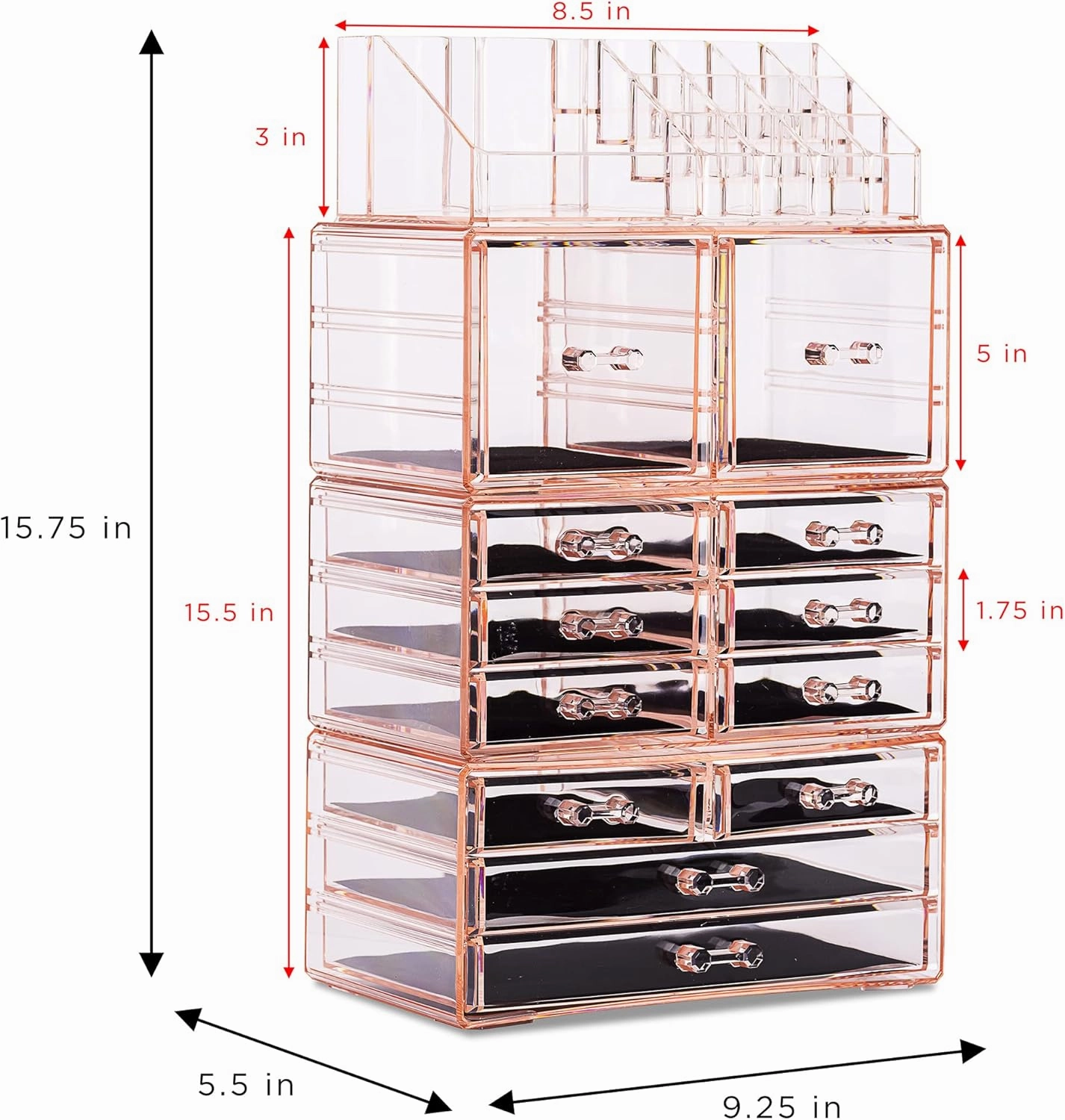 Sorbus Large Makeup Organizer - Clear Stackable Jewelry & Makeup Organizer For Vanity, Bathroom Storage, Dresser - 12 Drawers Cosmetic Beauty Organizers and Storage with Lipstick, Makeup Brush Holder