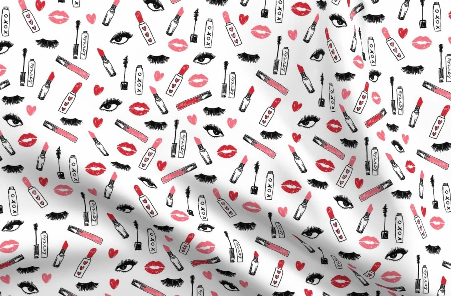 Spoonflower Fabric - Makeup Lipstick Eyelashes Beauty Valentines Day White Pink Kiss Lips Printed on Upholstery Velvet Fabric Fat Quarter - Upholstery Home Decor Bottomweight Apparel