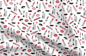 Spoonflower Fabric - Makeup Lipstick Eyelashes Beauty Valentines Day White Pink Kiss Lips Printed on Upholstery Velvet Fabric Fat Quarter - Upholstery Home Decor Bottomweight Apparel