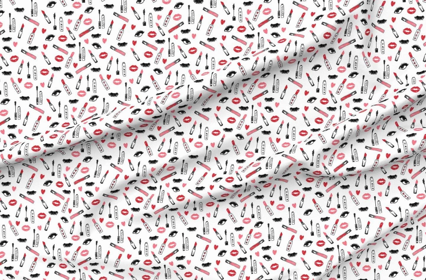 Spoonflower Fabric - Makeup Lipstick Eyelashes Beauty Valentines Day White Pink Kiss Lips Printed on Upholstery Velvet Fabric Fat Quarter - Upholstery Home Decor Bottomweight Apparel