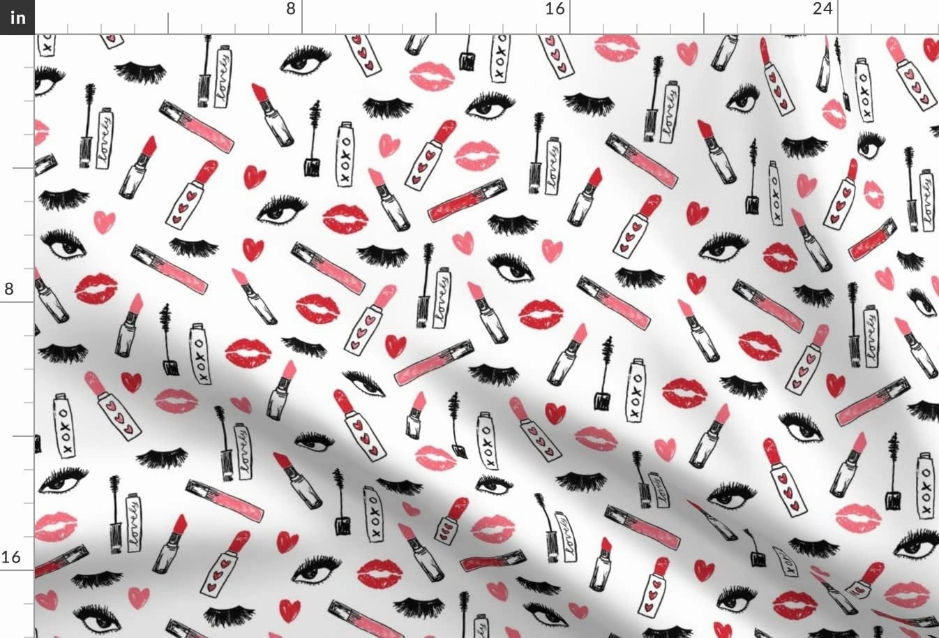 Spoonflower Fabric - Makeup Lipstick Eyelashes Beauty Valentines Day White Pink Kiss Lips Printed on Upholstery Velvet Fabric Fat Quarter - Upholstery Home Decor Bottomweight Apparel