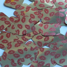 Square Diamond Sequin 1.5" Red Lips Kiss Lipstick Print Gold Metallic Paillettes