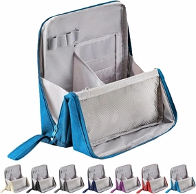 Standing Makeup Bag, 2025 Upgraded Portable Large Capacity Standing Makeup Bag with Compartments, Travel Make-up Organizer with Room for Brushes and Mirrors (Blue)
