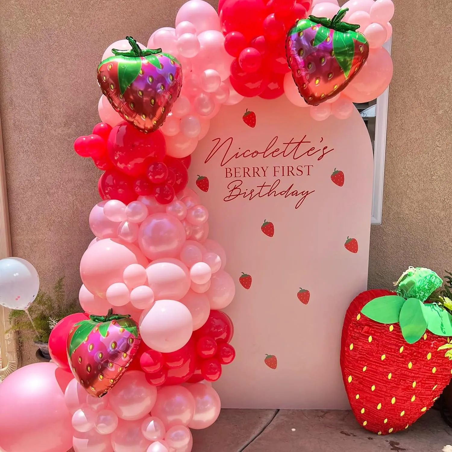 Strawberry Balloons Garland Arch Kit (167Pcs) - Red & Pink Foil/Latex Balloons for Baby Shower, Sweet 1st Birthday Party Decorations | Pre-Strung, Quick Setup, Durable Design