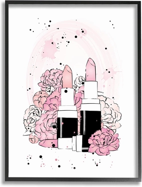 Stupell Industries Pink Peony Florals Glam Lipstick Cosmetic, Design by Martina Pavlova Black Framed Wall Art, 24 x 30, White